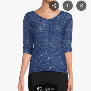WD.NY Women's Blue Knit Sequined 3/4 Sleeve Top. Brand New